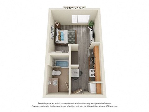 Floor plan for studio, 1 bath, 387 sqft