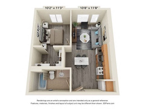 Floor plan for 1 bed, 1 bath, 530 sqft