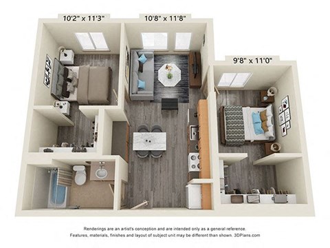 Floor plan for 2 beds, 1 bath, 723 sqft