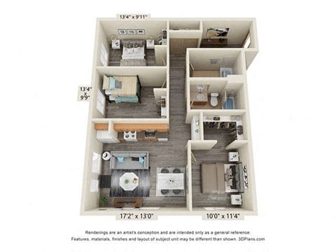Floor plan for 3 beds, 2 baths, 1038 sqft