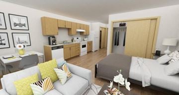 Tukwila apartment for rent - A modern living room with a grey couch and a coffee table.
