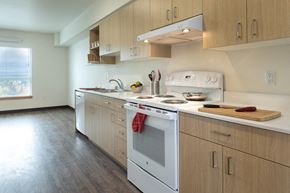 Tukwila apartment for rent - A kitchen with a white oven and wooden cabinets.