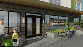 Tukwila apartment for rent - A woman and a child are walking towards a building with a sign that reads "Confluence.".