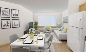 Tukwila apartment for rent - A modern dining room with a white table set for six.