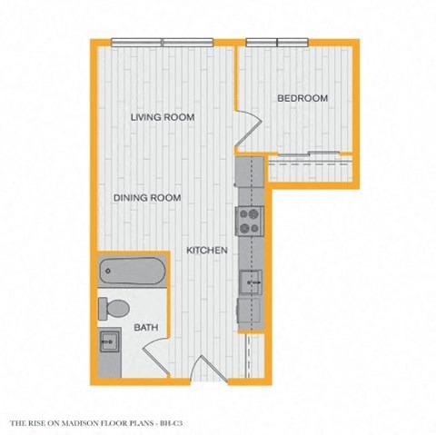 Floor plan for 1 bed, 1 bath, 465 sqft