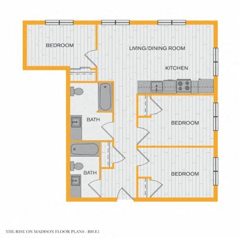 Floor plan for 3 beds, 2 baths, 977 sqft