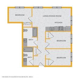 Floor plan for 3 beds, 2 baths, 920 sqft