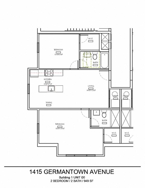 Floor plan for 2 beds, 2 baths, 959 sqft