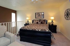 Grapevine apartment for rent - A bedroom with a large bed and a painting of a horse on the wall.