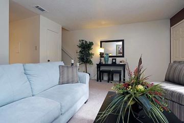 Grapevine apartment for rent - A living room with a light blue couch and a flower arrangement on the coffee table.