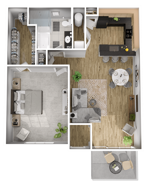 Floor plan for 1 bed, 1 bath, 883 sqft