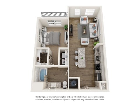 Floor plan for 1 bed, 1 bath, 729 sqft