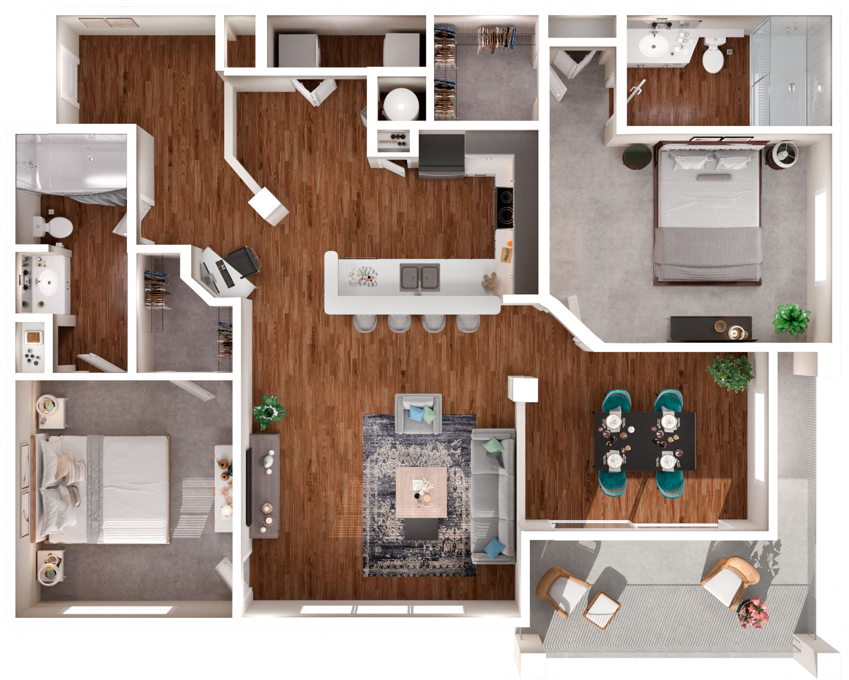 Floor plan for 2 beds, 2 baths, 1227 sqft