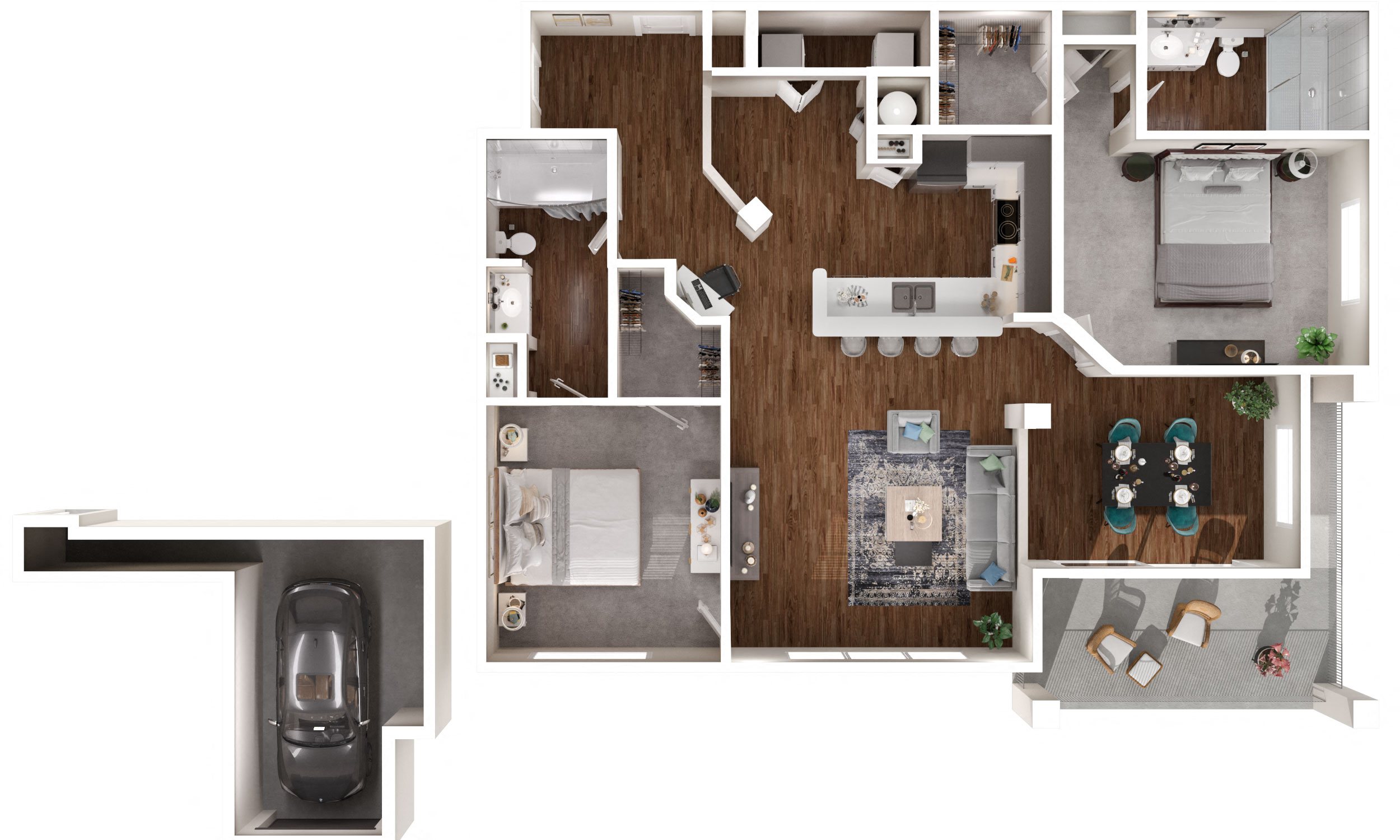 Floor plan for 2 beds, 2 baths, 1227 sqft