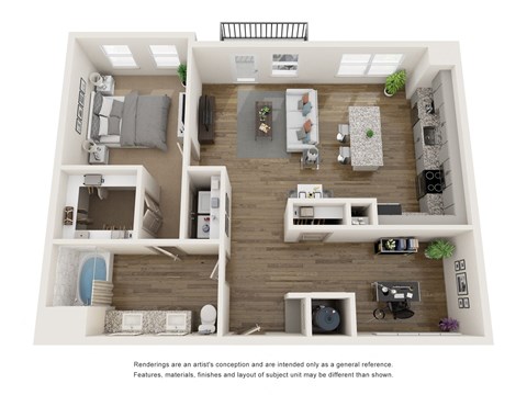 Floor plan for 1 bed, 1 bath, 965 sqft