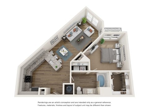 Floor plan for 1 bed, 1 bath, 858 sqft