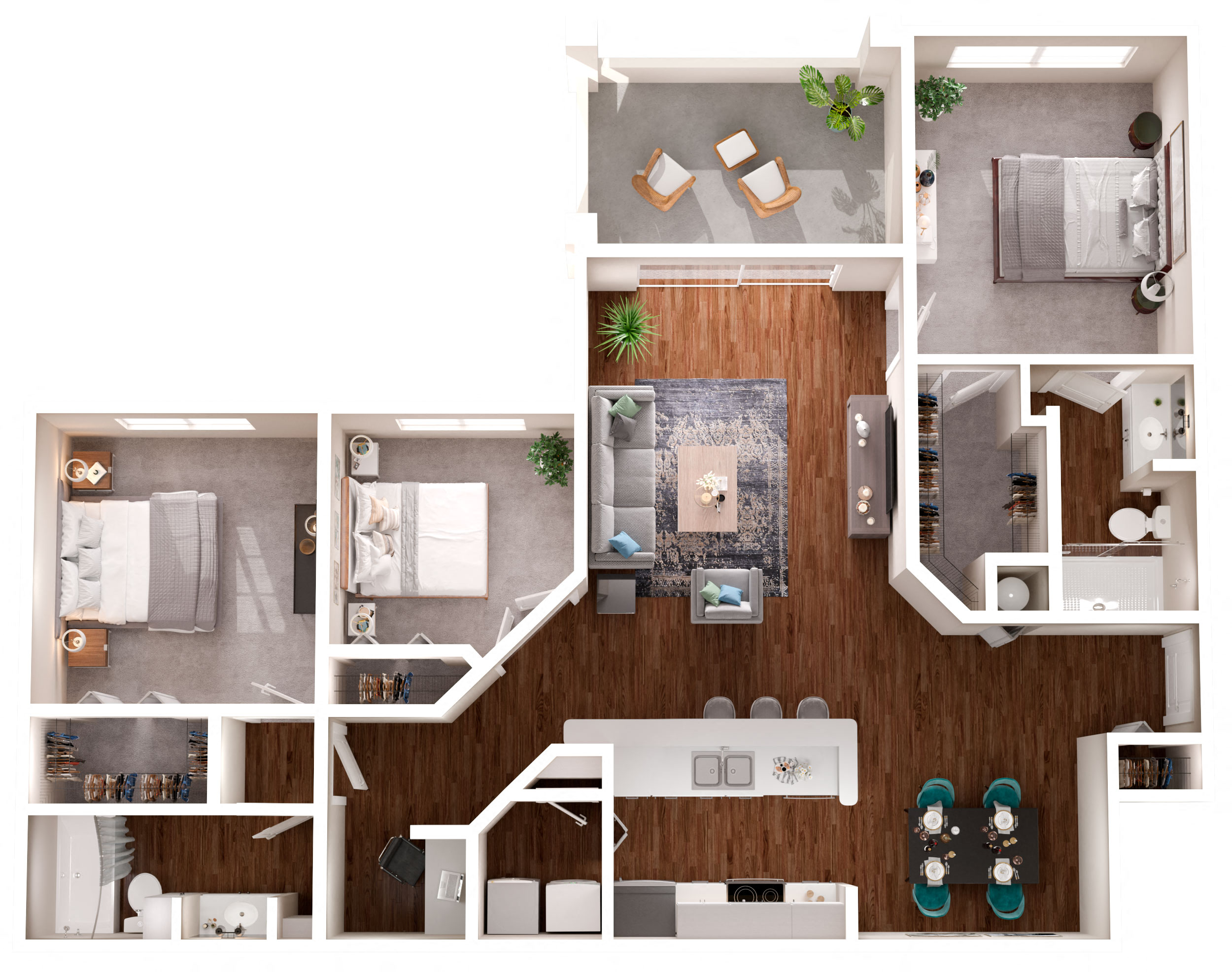 Floor plan for 3 beds, 2 baths, 1260 sqft