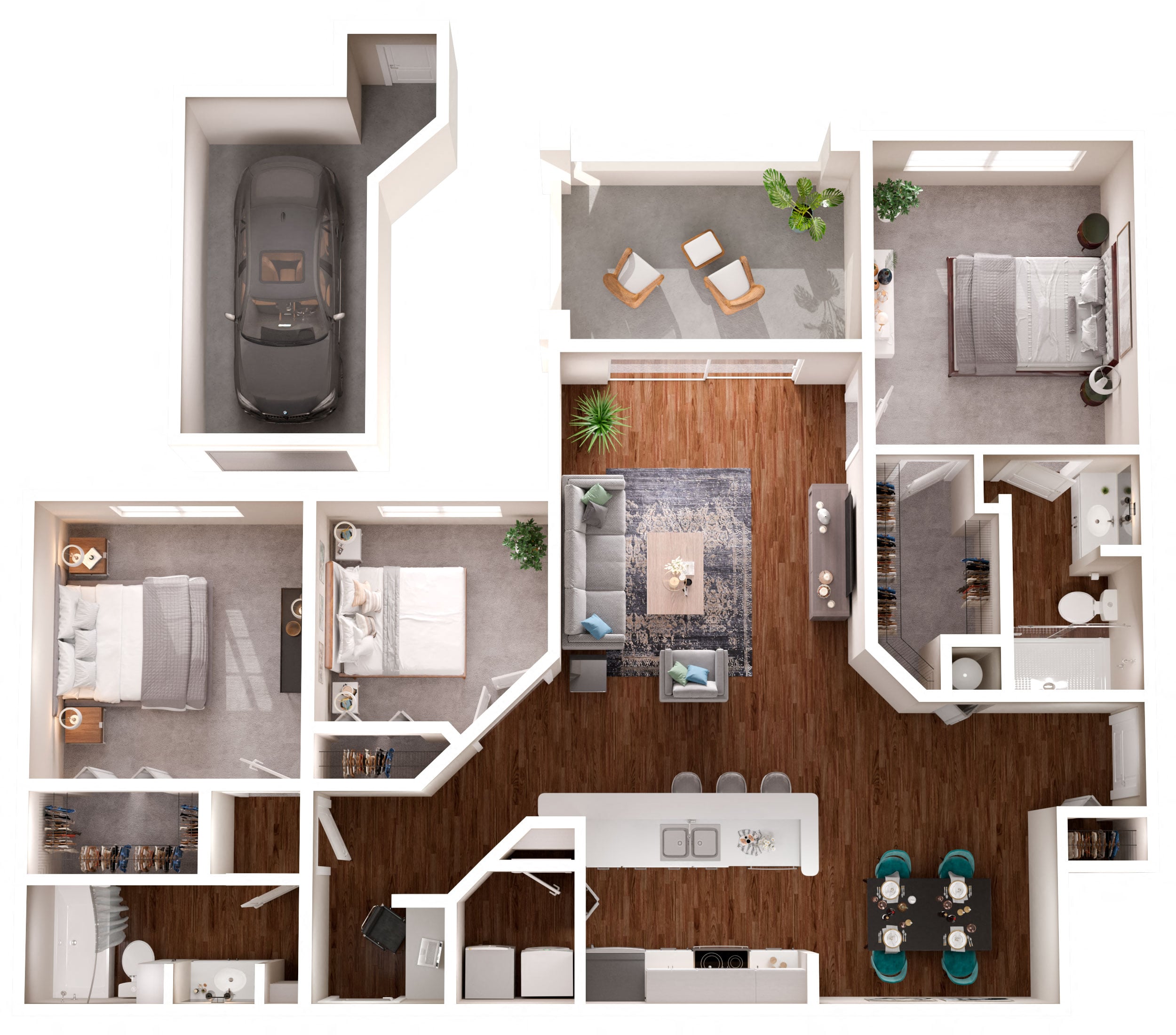 Floor plan for 3 beds, 2 baths, 1260 sqft
