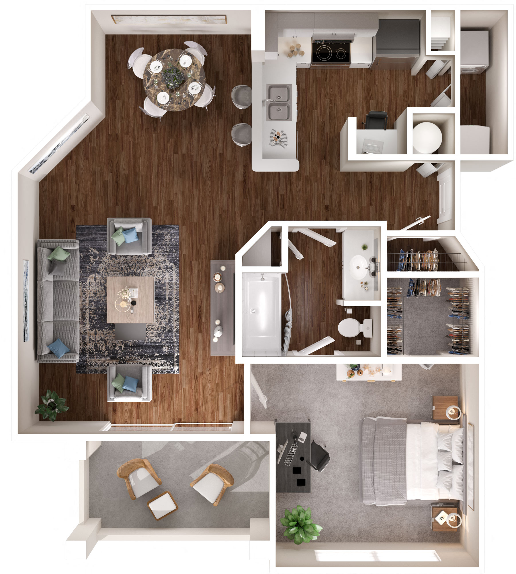 Floor plan for 1 bed, 1 bath, 789 sqft