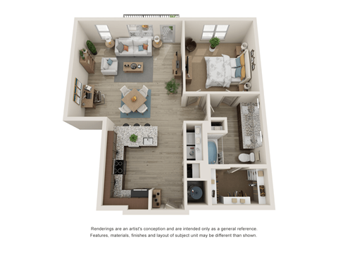 Floor plan for 1 bed, 1 bath, 899 sqft