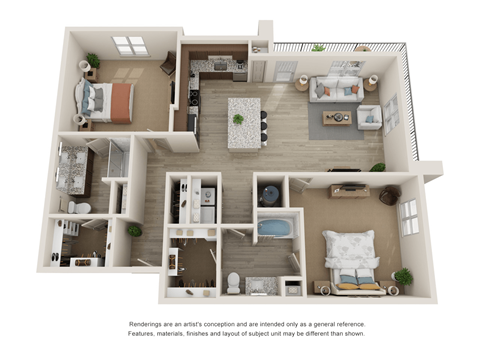 Floor plan for 2 beds, 2 baths, 1288 sqft