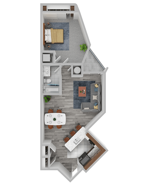 Floor plan for 1 bed, 1 bath, 654 sqft