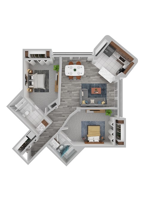 Floor plan for 2 beds, 2 baths, 941 sqft