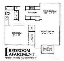 Floor plan for 1 bed, 1 bath, 792 sqft