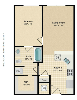 Floor plan for 1 bed, 1 bath, 596 sqft