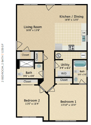 Floor plan for 2 beds, 2 baths, 1139 sqft