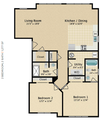 Floor plan for 2 beds, 2 baths, 1277 sqft