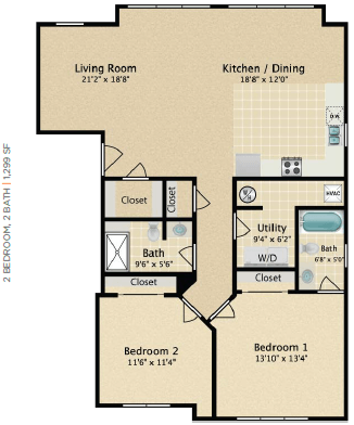 Floor plan for 2 beds, 2 baths, 1299 sqft