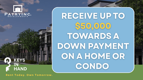 Kingston apartment for rent - A real estate advertisement offering up to $50,000 towards a down payment on a home or condo.