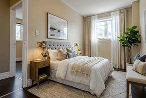 Kingston apartment for rent - A bedroom with a large bed and a plant on the side table.