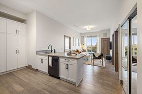 Kingston apartment for rent - A kitchen with white cabinets and a wooden floor.