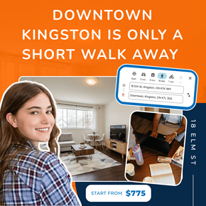 Kingston apartment for rent - A promotional image for a property in Downtown Kingston, featuring a woman and a digital map showing the location.