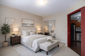 Kingston apartment for rent - A bedroom with a large bed and a potted plant.