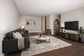 Kingston apartment for rent - A living room with a grey couch, a coffee table, and a television.