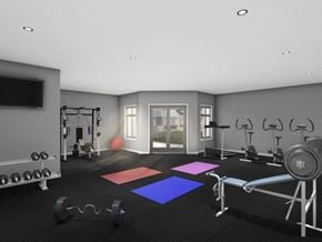 Kingston apartment for rent - a gym with weights and exercise equipment and a tv