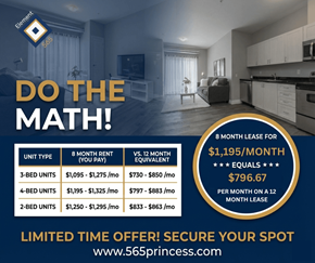 Kingston apartment for rent - An advertisement for a 565 princess apartment lease offering a limited time deal.