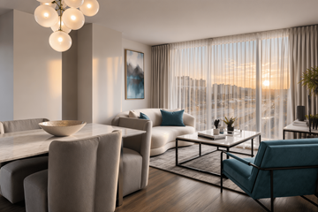 Pointe-Claire apartment for rent - A modern living room with a dining table and chairs.