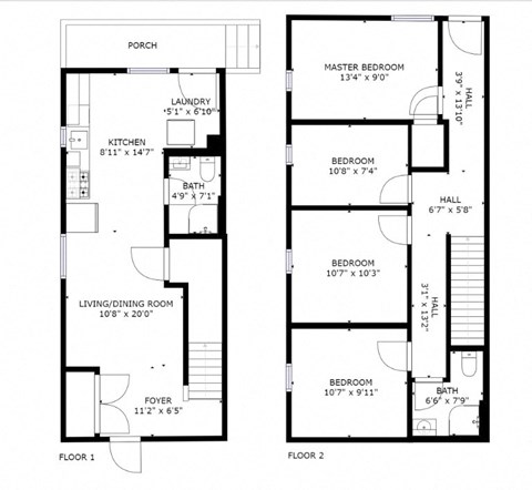 Floor plan for 4 beds, 2 baths