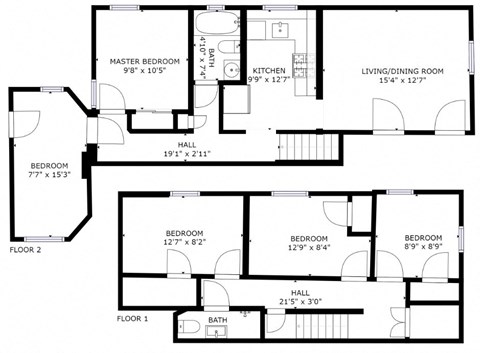 Floor plan for 5 beds, 2 baths, 1198 sqft