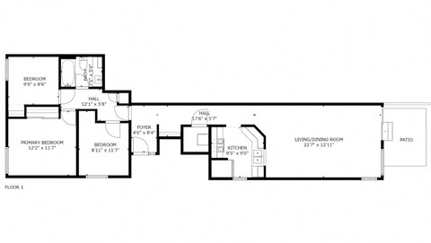 Floor plan for 3 beds, 1 bath