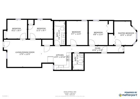 Floor plan for 5 beds, 2 baths, 1094 sqft
