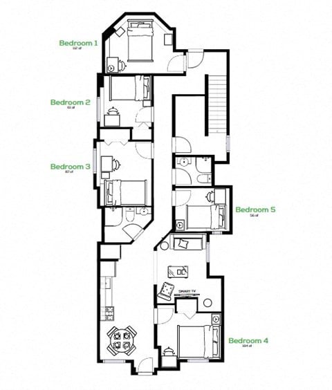 Floor plan for 5 beds, 2 baths, 1068 sqft
