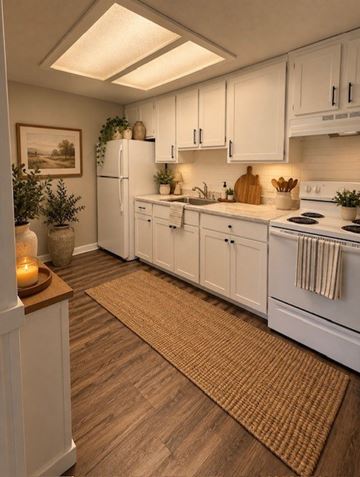 Eustis apartment for rent - A kitchen with white cabinets and a wooden floor.