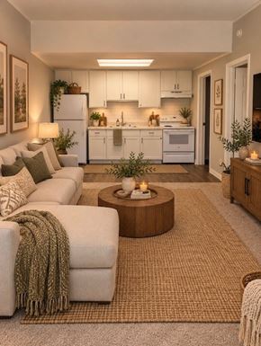 Eustis apartment for rent - A cozy living room with a couch, coffee table, and kitchen area in the background.