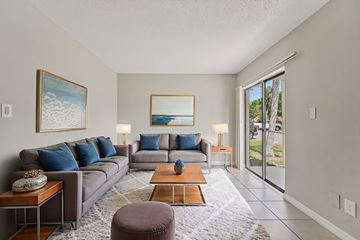 Tampa apartment for rent - A living room with a grey couch, a coffee table, and a painting on the wall.