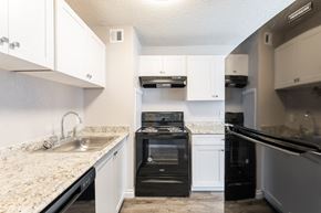 Tampa apartment for rent - A kitchen with a black oven and white cabinets.